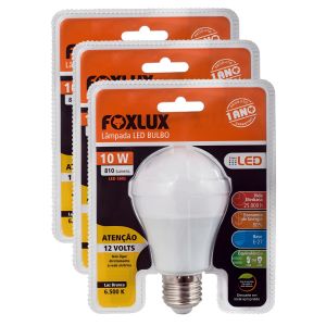 Lâmpada Led 10w 12v 6500k E-27 Foxlux Energia Solar - Kit 3 Unidades
